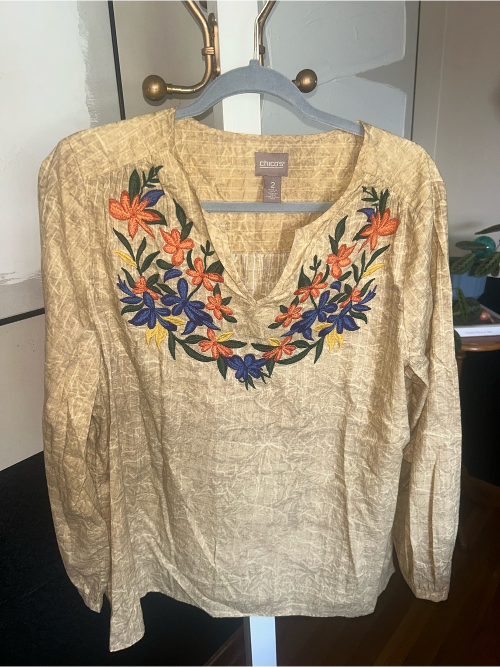 Chico's Cream Embroidered V-Neck Floral Tunic